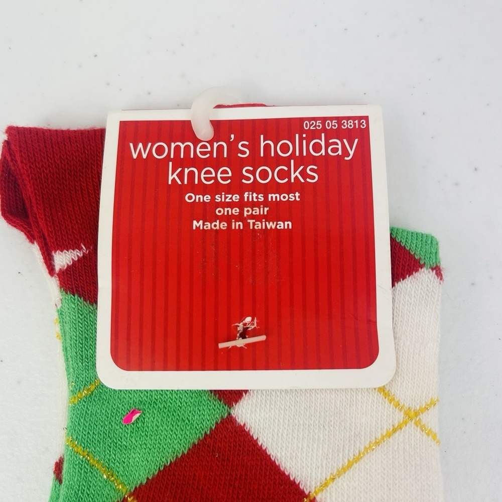 Holiday Knee Socks Womens Argyle Design 1 Pair Red Green White